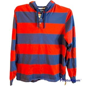 LEE polo style men’s hoodie pullover size L blue & red striped